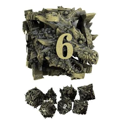 Brass-finish spiky metal dragon dice set with sculpted dragon faces