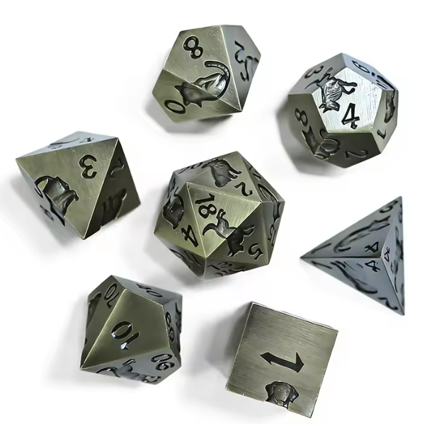 Bronze finish cat and dog seven-piece metal RPG dice set