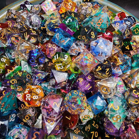 Mystery Sharp Resin DnD Dice Set | Glitter, Swirls, Liquid Core | TTRPG Gift