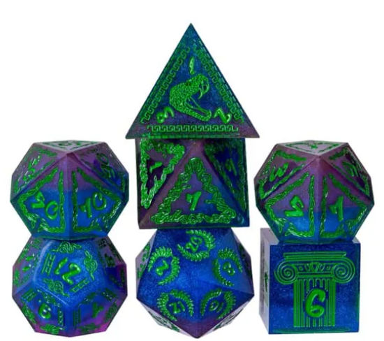 Complete Children of Medusa seven-piece blue-purple resin dice set with green mythology designs