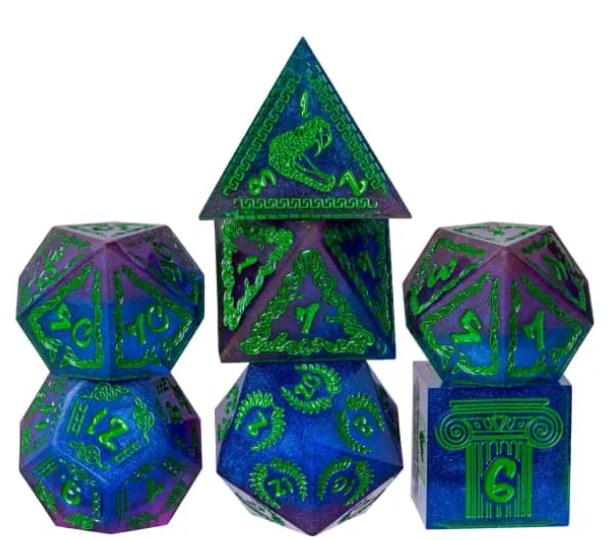 Complete Children of Medusa seven-piece blue-purple resin dice set with green mythology designs
