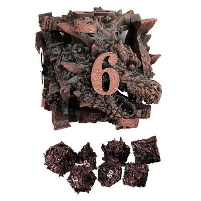Copper-finish spiky metal dragon dice set with sculpted dragon faces