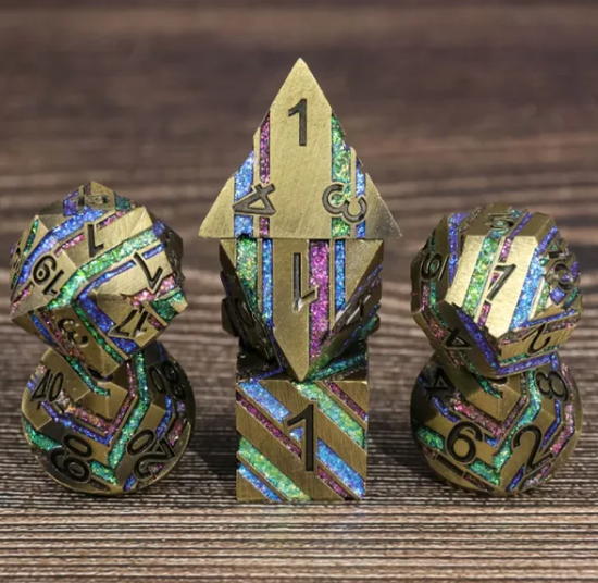 Kingsvault gold and rainbow striped seven-piece metal dice set