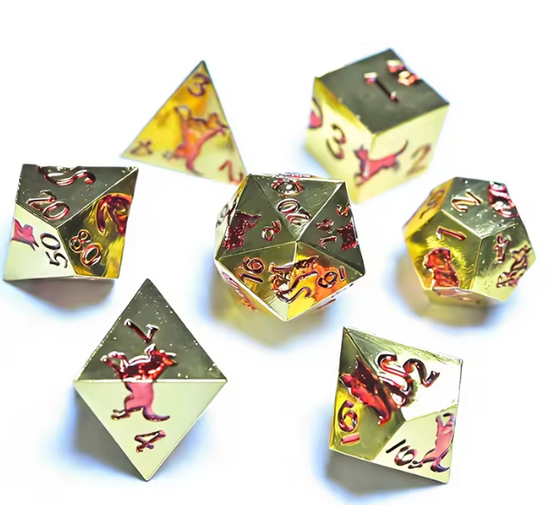 Gold and red cat and dog seven-piece metal RPG dice set