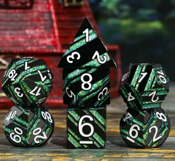Jadehold black and green striped seven-piece metal dice set