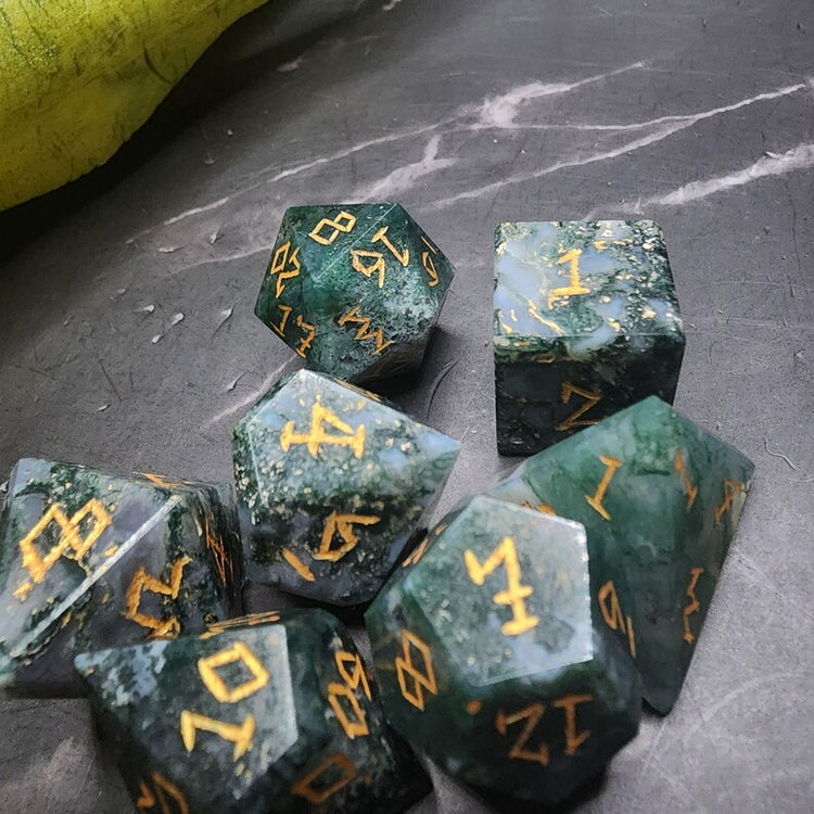 Moss Agate DnD Dice Set With Gift Box | Hand-Cut Natural Stone Polyhedral Dice