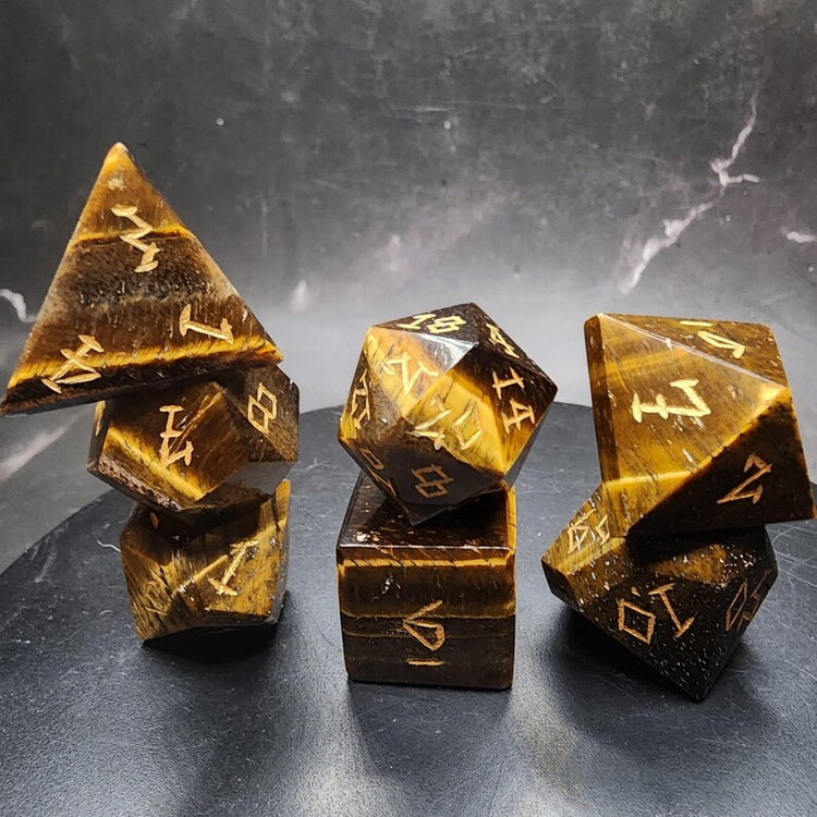Tiger's Eye Gemstone Dice Set With Gift Box | Hand-Cut Stone DnD Dice