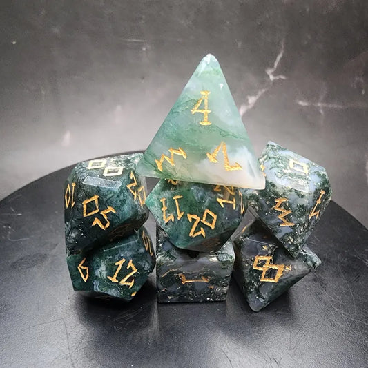 Moss Agate DnD Dice Set With Gift Box | Hand-Cut Natural Stone Polyhedral Dice