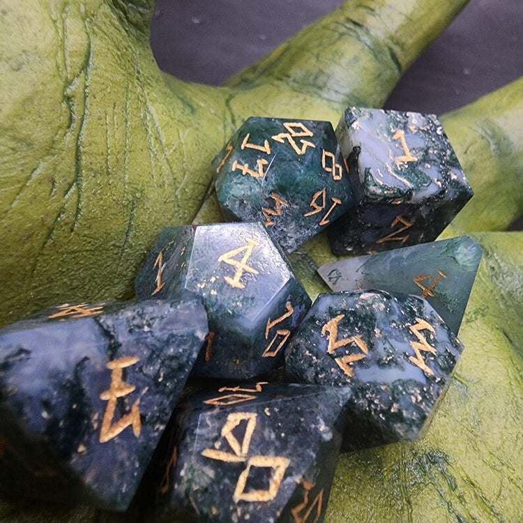 Moss Agate DnD Dice Set With Gift Box | Hand-Cut Natural Stone Polyhedral Dice