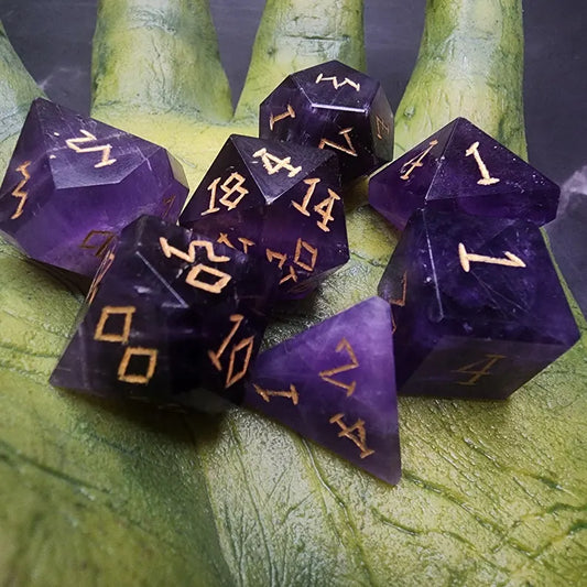 Amethyst Gemstone Dice Set With Gift Box | Hand-Cut Polyhedral DnD Dice