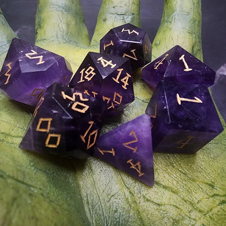 Amethyst Gemstone Dice Set With Gift Box | Hand-Cut Polyhedral DnD Dice