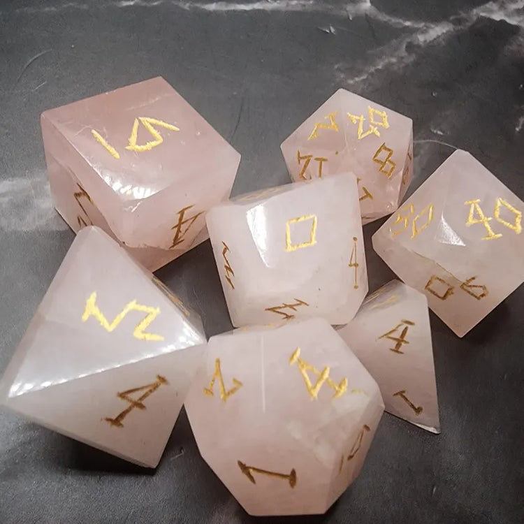 Rose Quartz Dice Set With Gift Box | Hand-Cut Gemstone DnD Dice