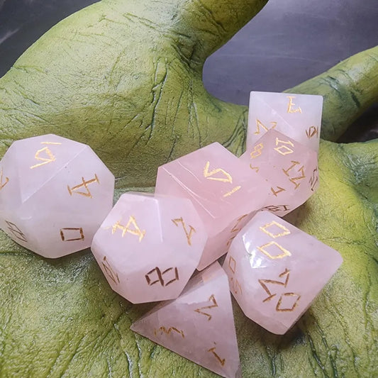Rose Quartz Dice Set With Gift Box | Hand-Cut Gemstone DnD Dice