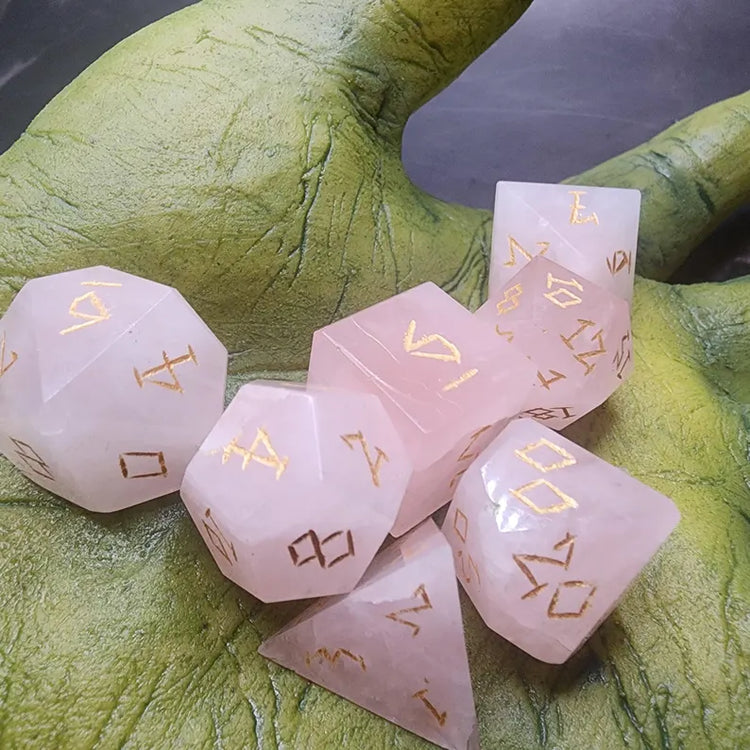 Rose Quartz Dice Set With Gift Box | Hand-Cut Gemstone DnD Dice