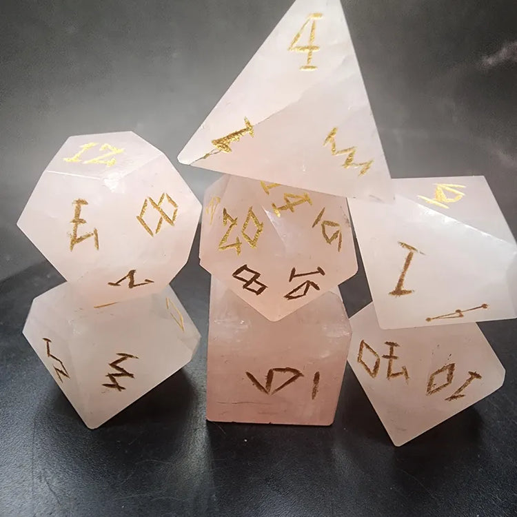 Rose Quartz Dice Set With Gift Box | Hand-Cut Gemstone DnD Dice