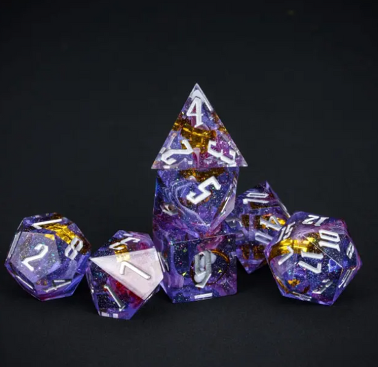 Purple and gold ribbon seven-piece sharp resin dice set