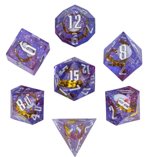 Purple dice with gold ribbon inclusions and silver-colored numbers