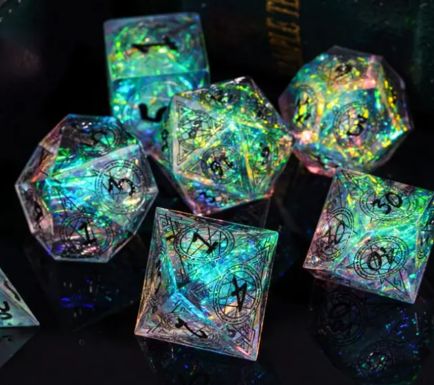 Iridescent sharp resin dice with black arcane circle and star designs