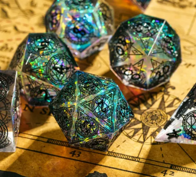 Arcane symbol dice with rainbow iridescent flashes