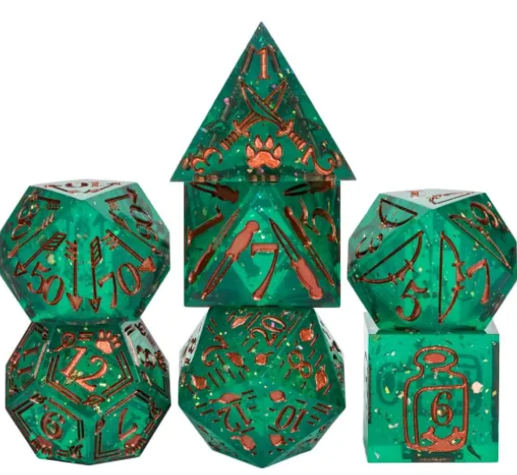 Seven green ranger-druid sharp resin dice with copper-colored designs