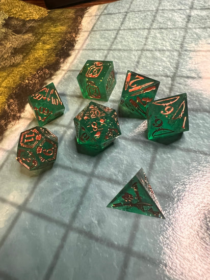 Ranger-druid dice set photographed in ordinary lighting