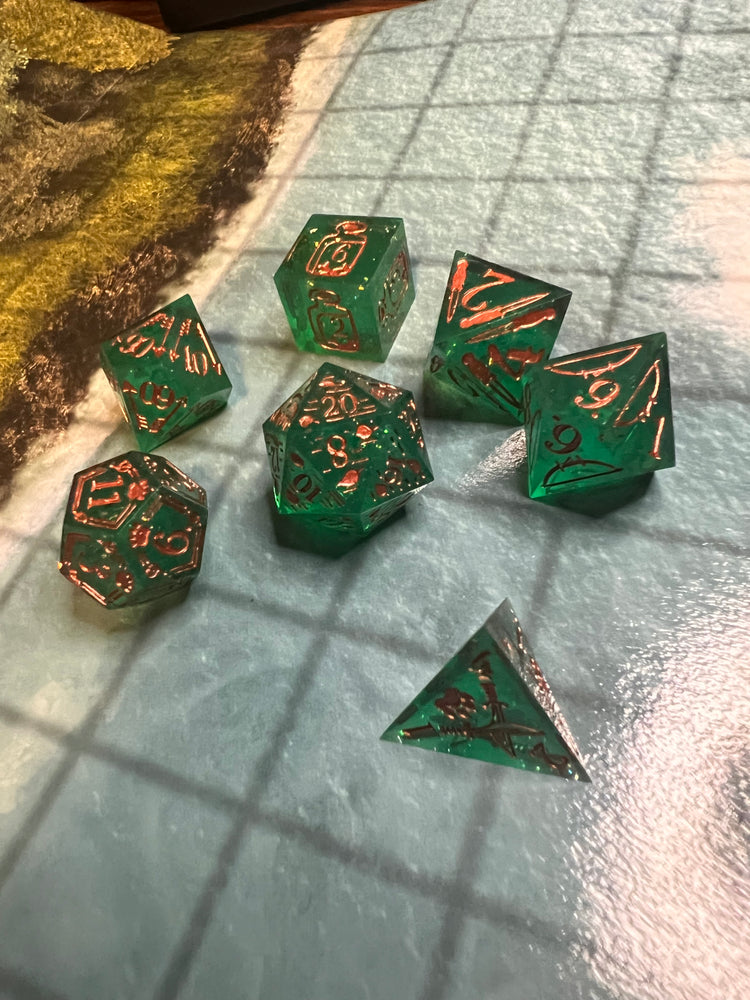 Ranger-druid dice set photographed in ordinary lighting