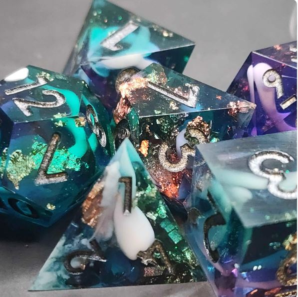 Mystery Sharp Resin DnD Dice Set | Glitter, Swirls, Liquid Core | TTRPG Gift